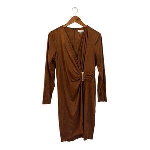 Calvin Klein Faux Suede Long Sleeve Ruched Dress Side Tab Brown Size 14